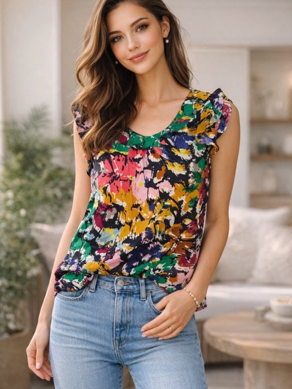 J.Crew Silk Brushstroke Print Ruffle Neck
Sleeveless Top Size 6 Multicolor
